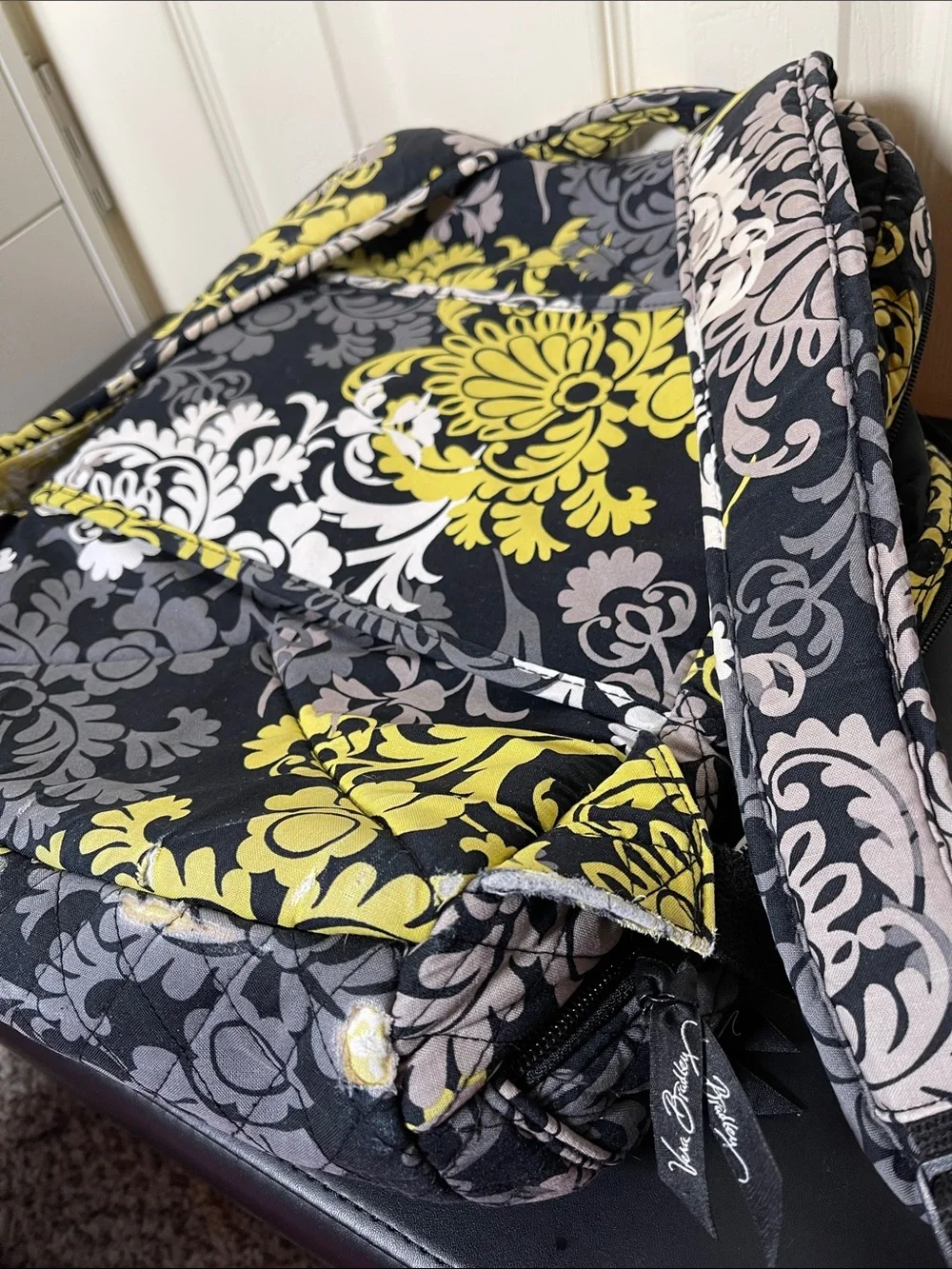 Vera Bradley Black Travel Backpack with Yellow, Gray & Cream Floral Print